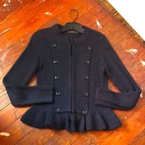 Navy long sleeve sweater with ruffles and buttons